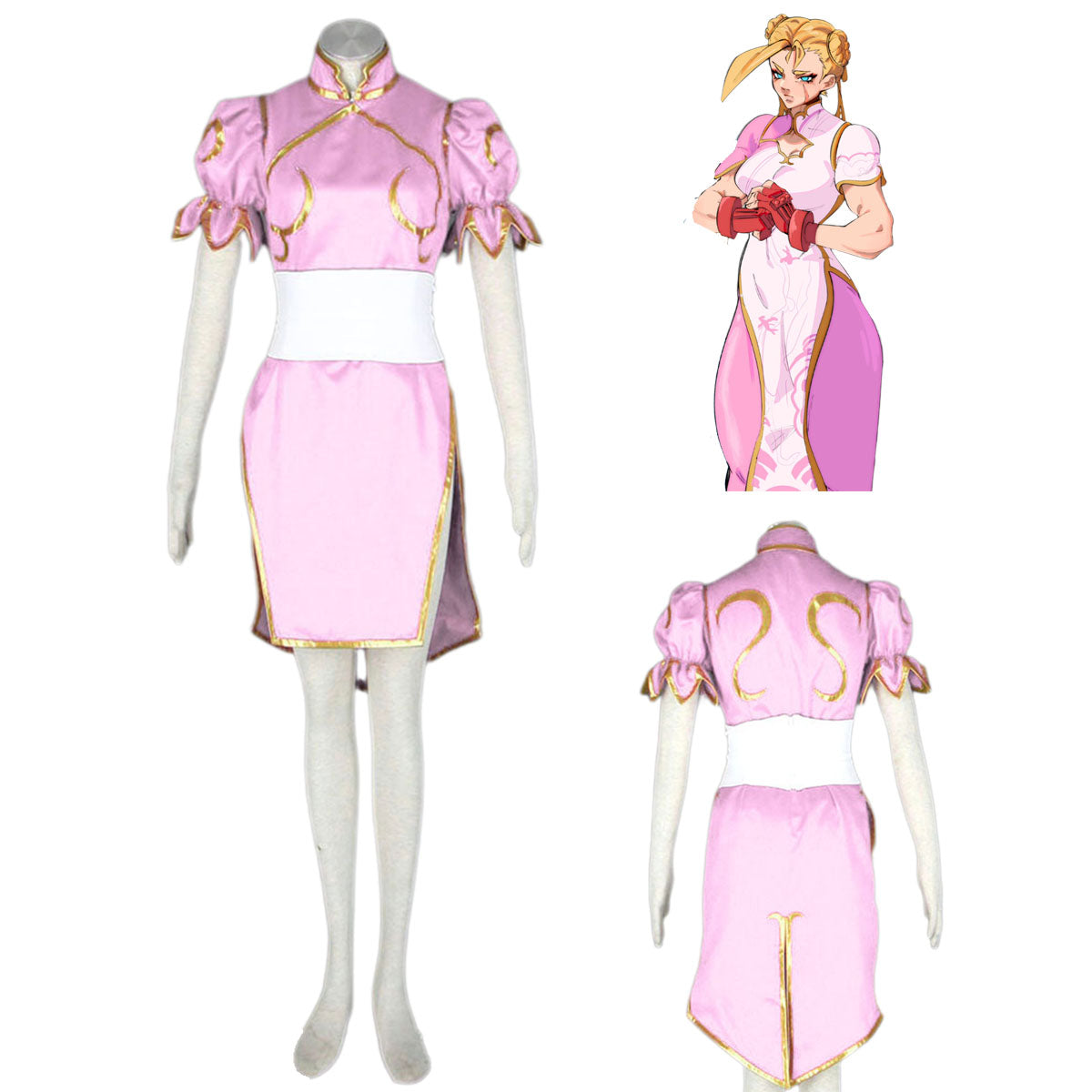 Game Street Fighter Costume Chunli Pink Cosplay Dress Kit with Belt and Headdress