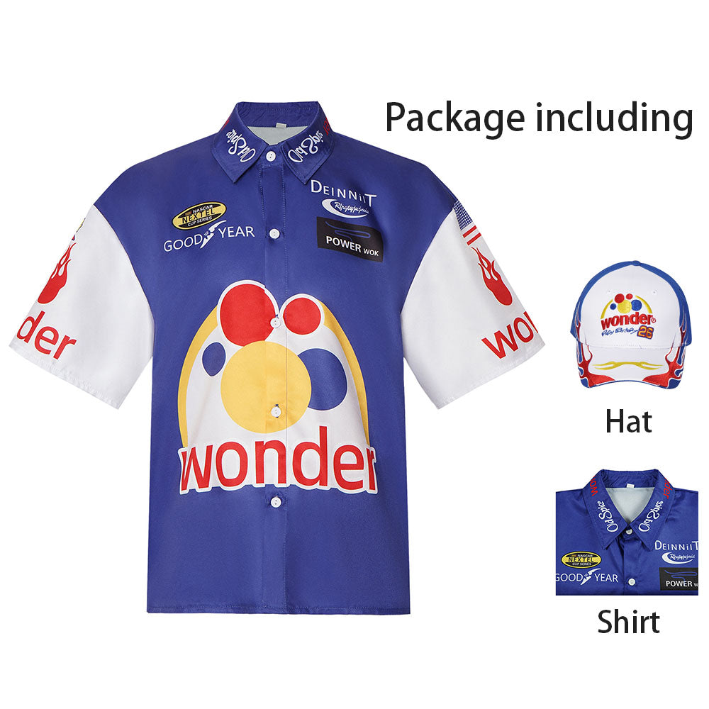 Ricky Bobby Costume White Racing Short Sleelves Shirt with Hat