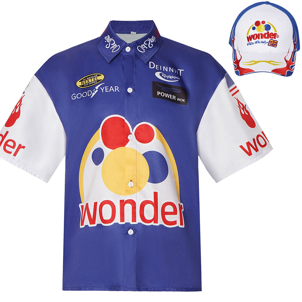 Ricky Bobby Costume White Racing Short Sleelves Shirt with Hat