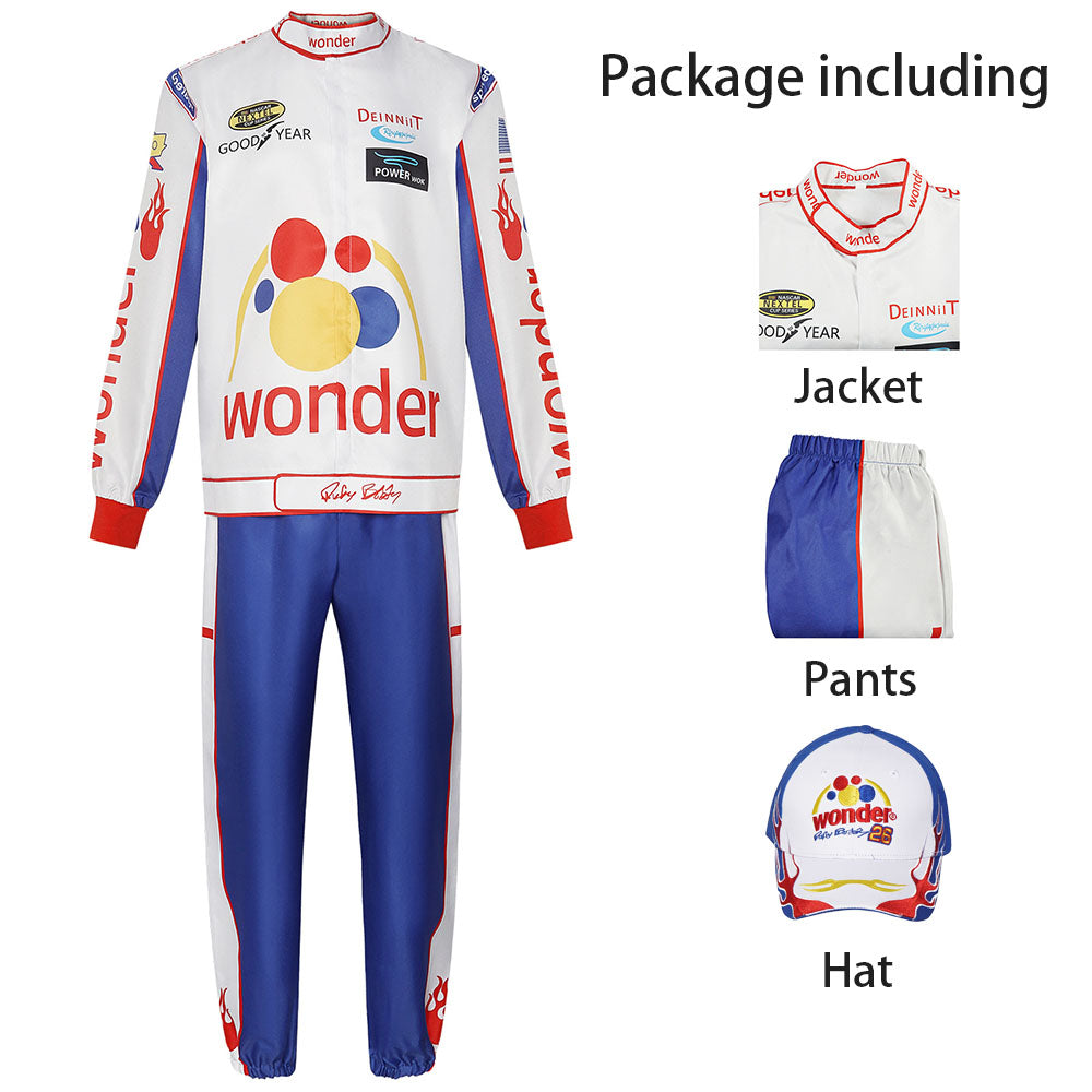 Ricky Bobby Costume White Racing Suits full Outfit Kit with Hat