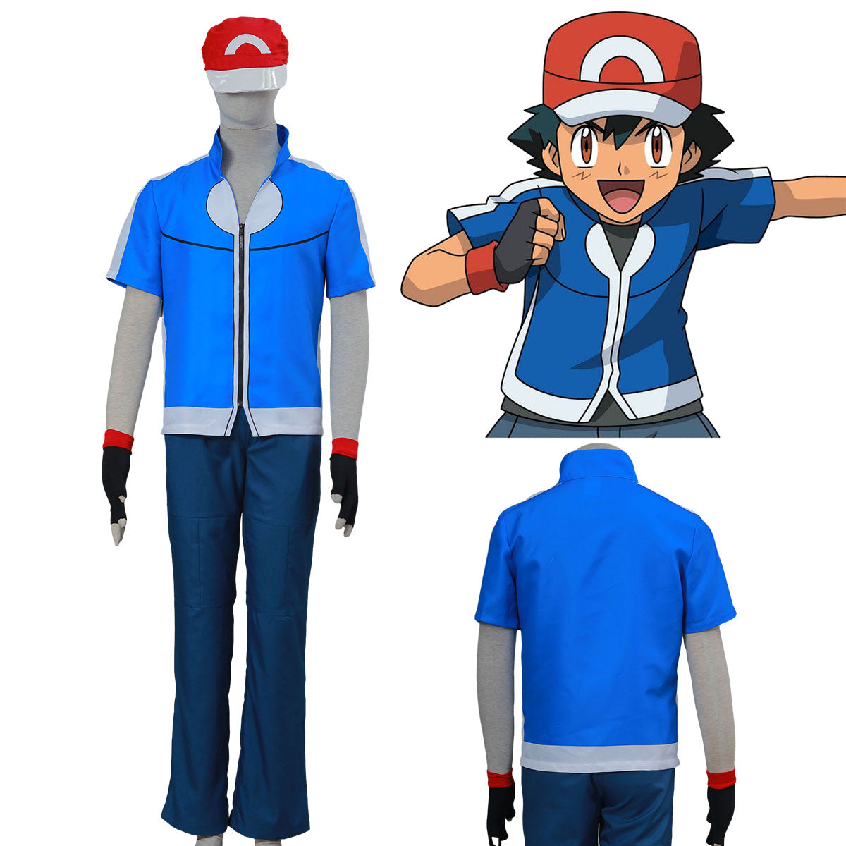 Pokemon Trainer Ash Ketchum Short Sleeve Costume Kit with Hat and Gloves