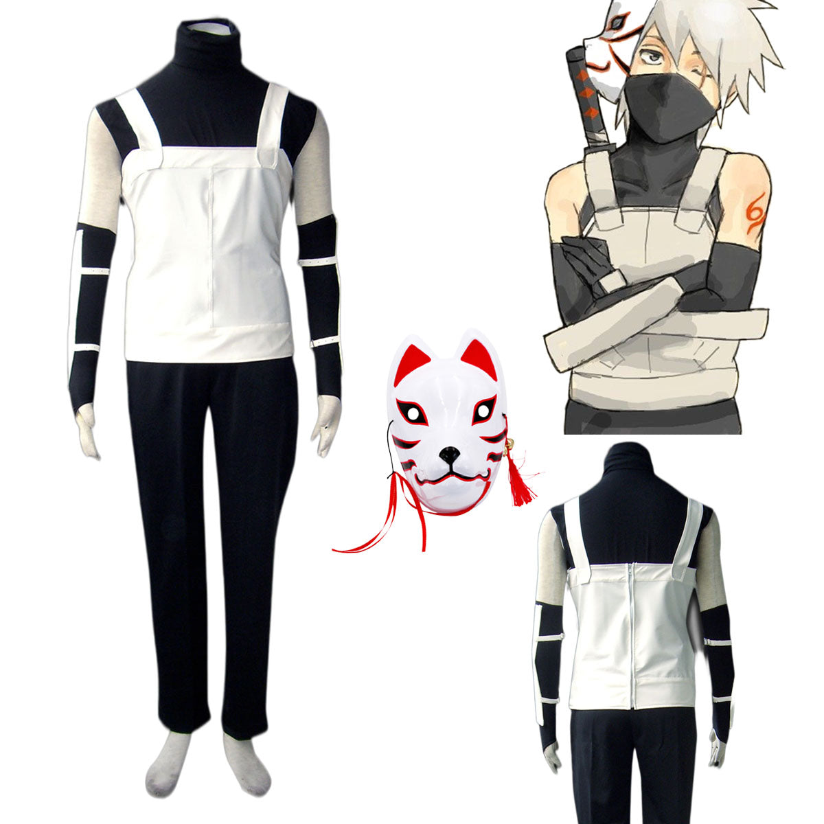 Anime Naruto Costume Anbu Kakashi Cosplay Uniform with Fox Mask for Men Kids