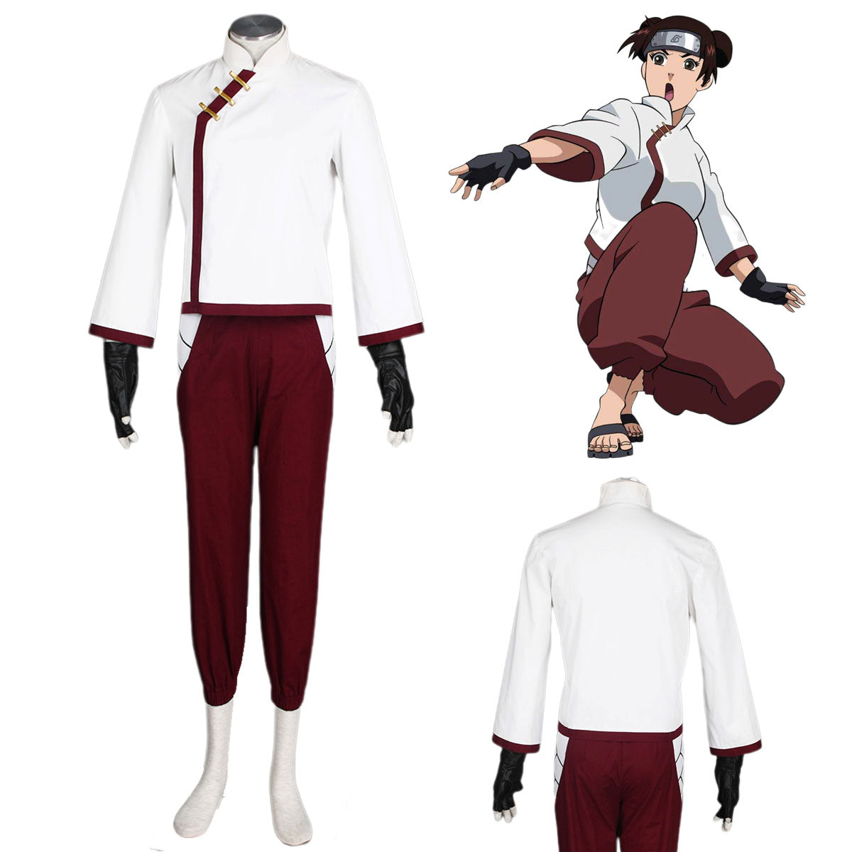 Naruto Costume Tenten Cosplay Set with Gloves for Women and Kids