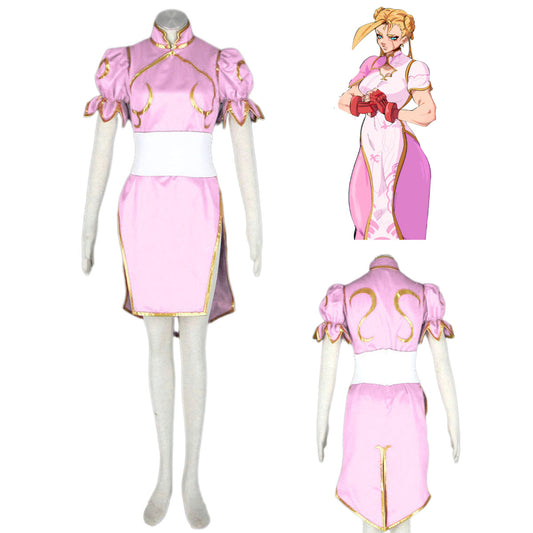 Game Street Fighter Costume Chunli Pink Cosplay Dress Kit with Belt and Headdress