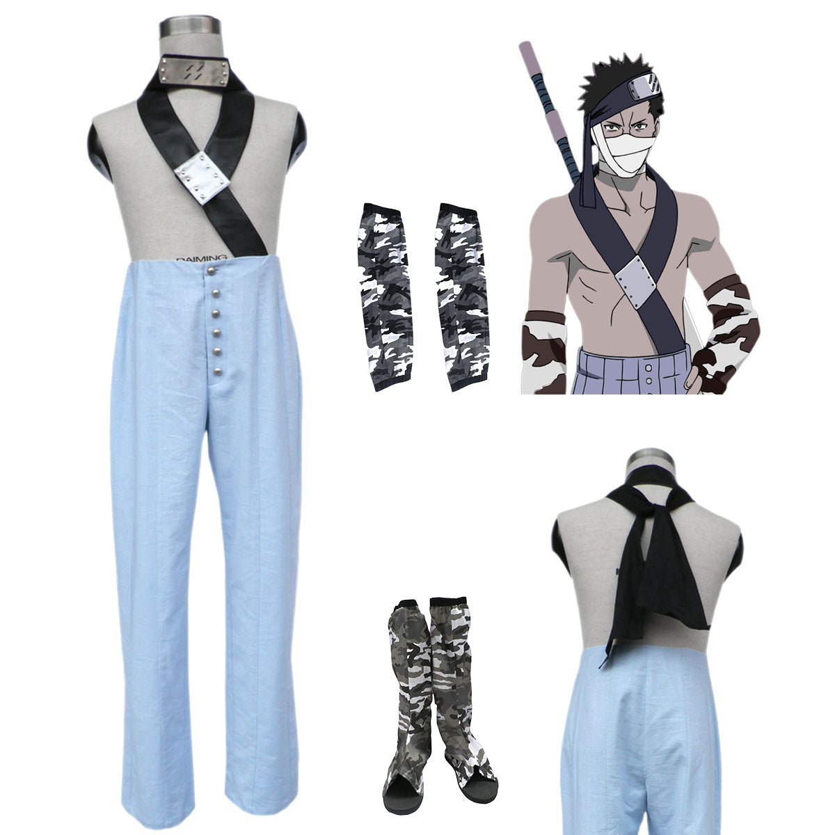 Anime Naruto Costume Zabuza Momochi Shirtless Cosplay Outfit Kit with Shoes for Men and Kids