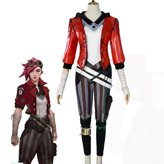 Movie League of Legends(LoL) Costume Vi Cosplay Red full Outfit Costume Kit