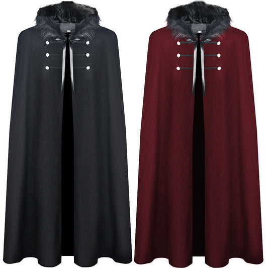 2 Colors Medieval King Soldier Warrier Battle Cosplay Fur collar Cloak Halloween Costume Robe