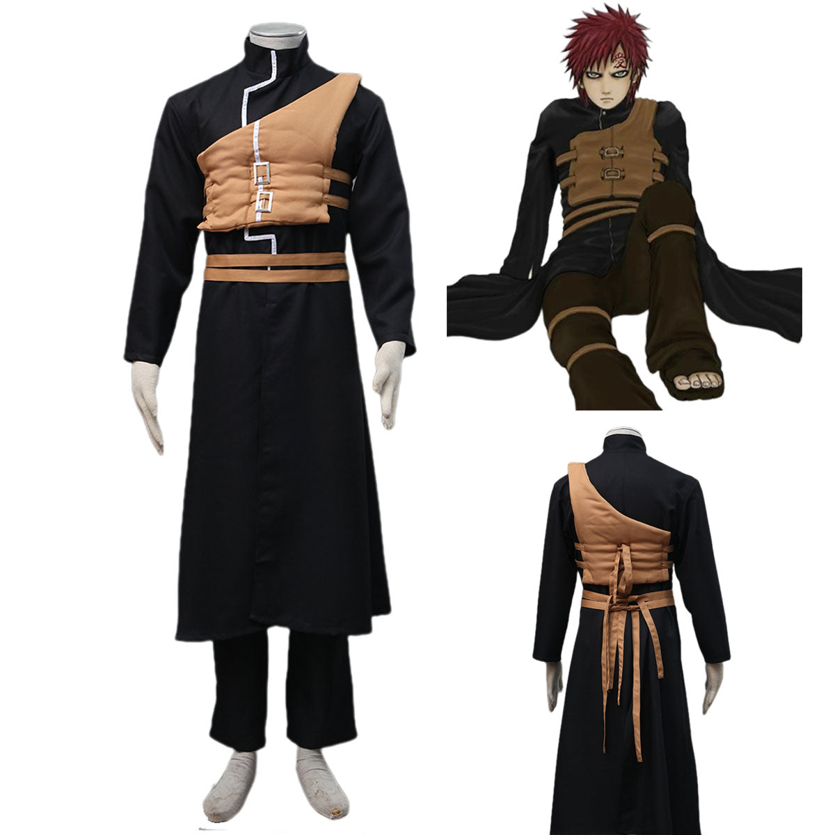 Anime Naruto Costume Gaara Cosplay Black Uniform with Headband for Men and Kids