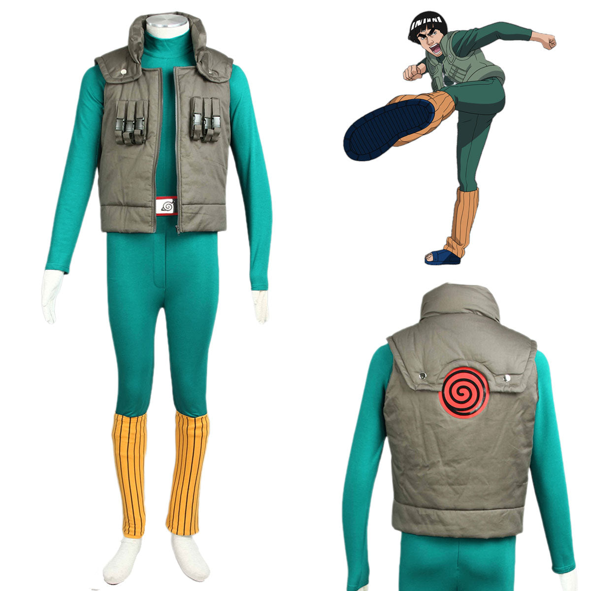 Anime Naruto Costume Might Guy Taijutsu Master Cosplay Full Outfit Kit for Men and Kids
