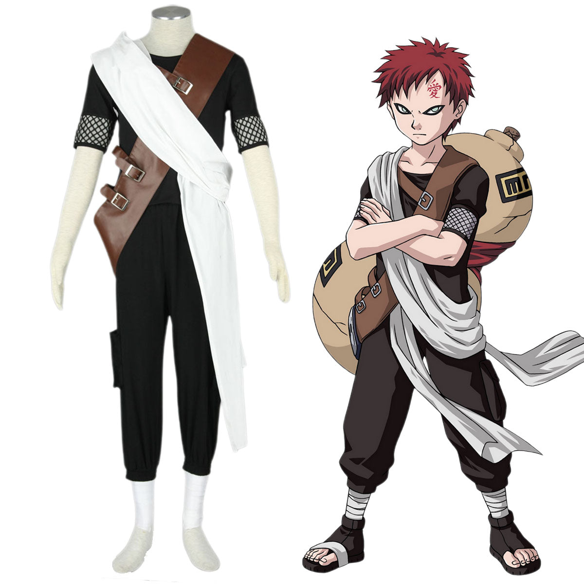 6 PCS Naruto Costume Gaara Cosplay Outfit Set with White Sash for Men and Kids