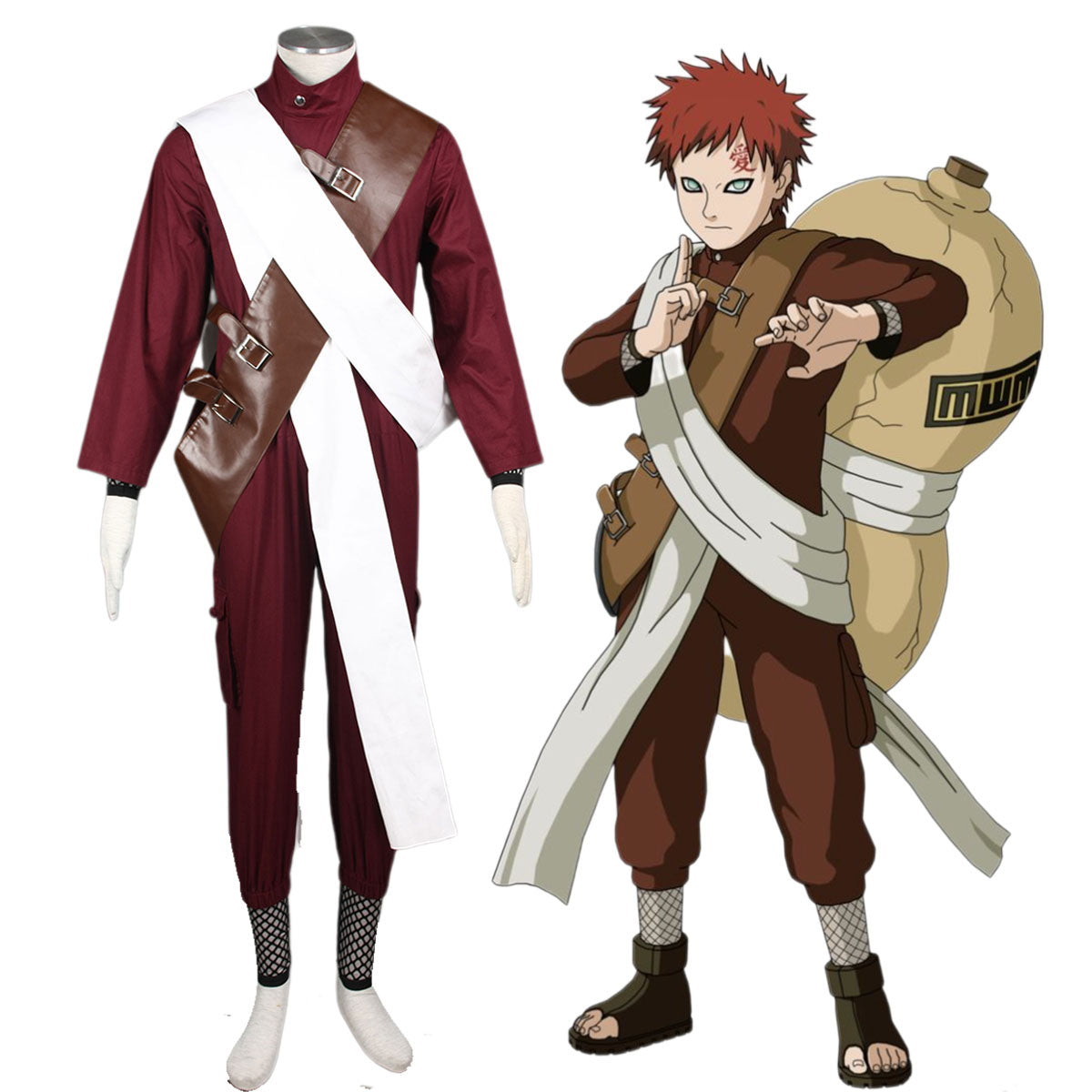 6 PCS Anime Naruto Costume Gaara Cosplay Burgundy Outfit Kit for Men and Kids