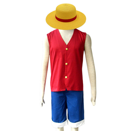 Anime Red Vest Pirate Captain Cosplay Costume Kit with Hat for Men Kids