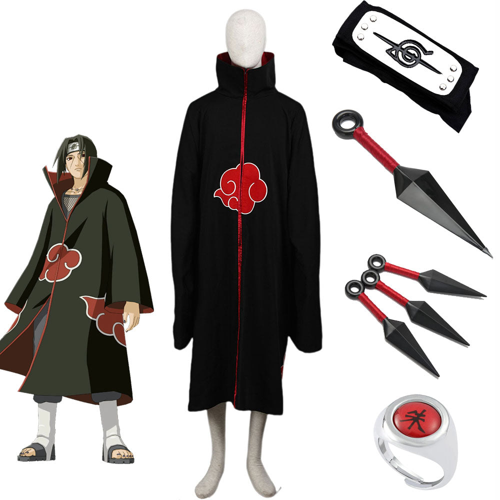 5 PCS Naruto Costume Akatsuki Itachi Cosplay Cloak with Accessories for Adults Kids