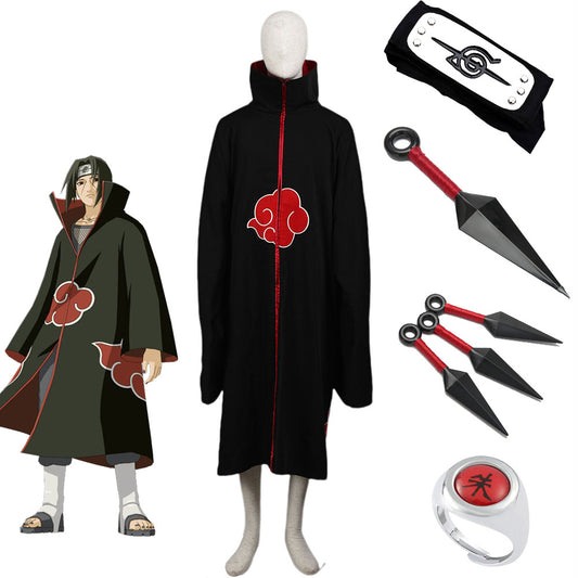 5 PCS Naruto Costume Akatsuki Itachi Cosplay Cloak with Accessories for Adults Kids