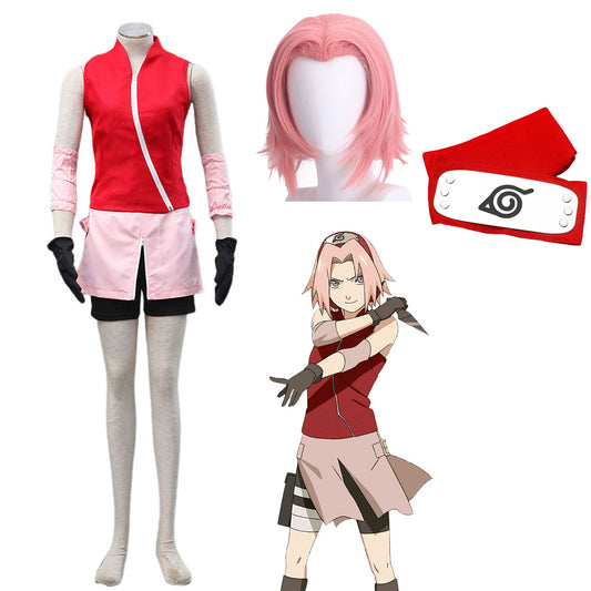 7 PCS Naruto Costume Sakura Cosplay Outfit Kit with Wig Headband for Women and Kids