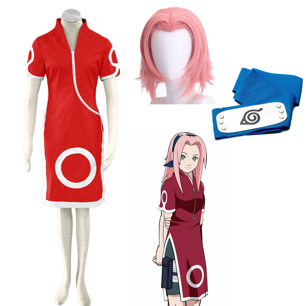 4 PCS Naruto Costume Sakura Cosplay Outfit Kit with Wig Headband for Women and Kids
