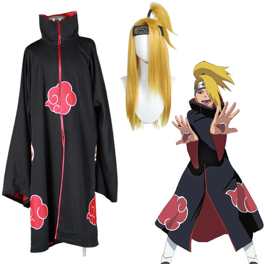 3 PCS Anime Naruto Costume Akatsuki Deidara Cosplay Embroidered Cloak with Wig Adults Kids