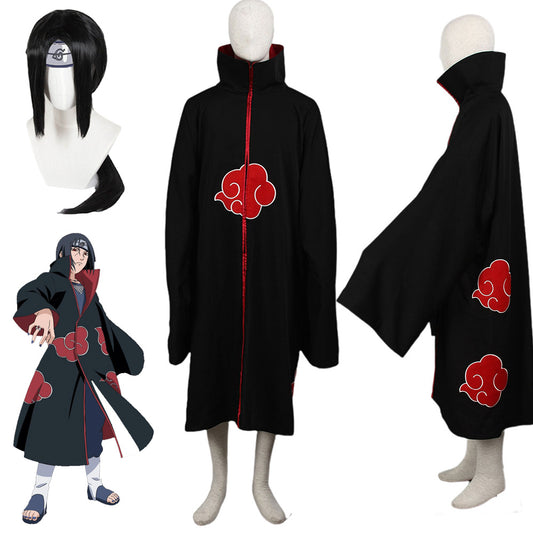 3 PCS Anime Naruto Costume Akatsuki Itachi Cosplay Red Could Cloak with Wig for Adults and Kids