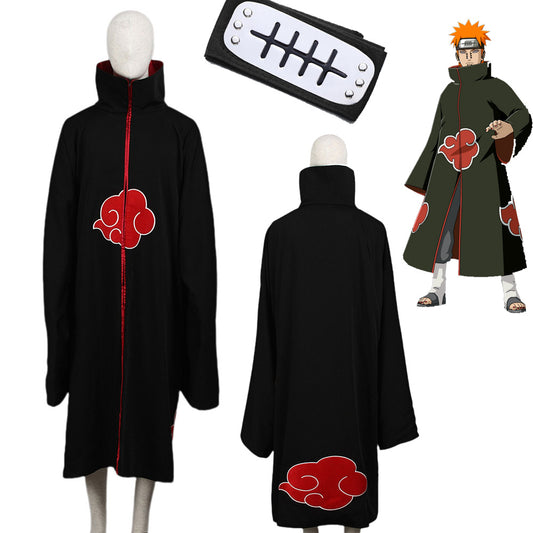 2 PCS Anime Naruto Costume Akatsuki Pain Nagato Cosplay Cloak with Headband for Adults Kids