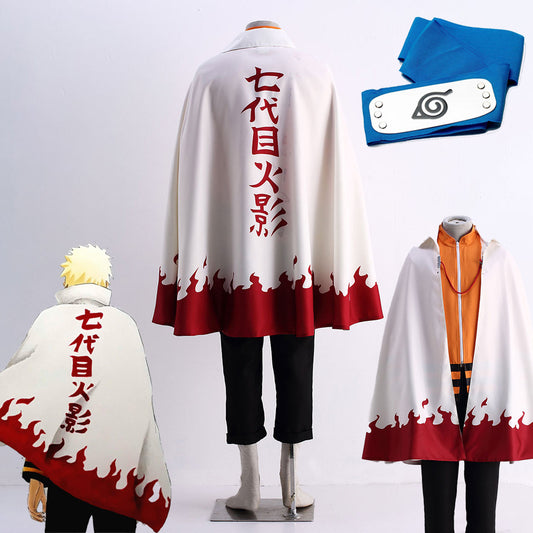 Anime Naruto Costume Naruto Seventh Hokage Cosplay Cloak with Blue Headband for Adults and Kids